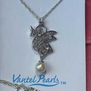 VANTEL PEARLS STERLING SILVER ANGEL BY MY SIDE NECKLACE HANGING PEARL
